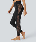 7/8 High Waisted Yoga Leggings with Crisscross Cutout and Contrast Lace