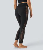 7/8 High Waisted Yoga Leggings with Crisscross Cutout and Contrast Lace