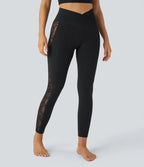 7/8 High Waisted Yoga Leggings with Crisscross Cutout and Contrast Lace
