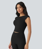 Softlyzero™ Casual Boat Neck Short Sleeve Backless Cropped T-Shirt - UPF50+