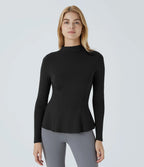 Funnel Neck Long Sleeve Slim Fit Peplum Work T-Shirt