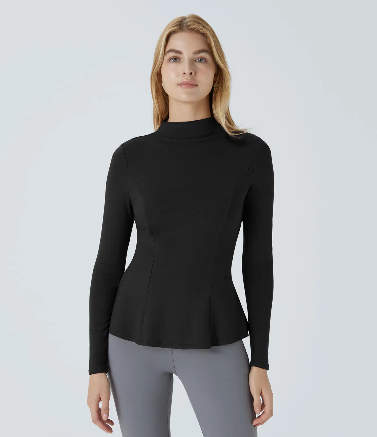 Funnel Neck Long Sleeve Slim Fit Peplum Work T-Shirt