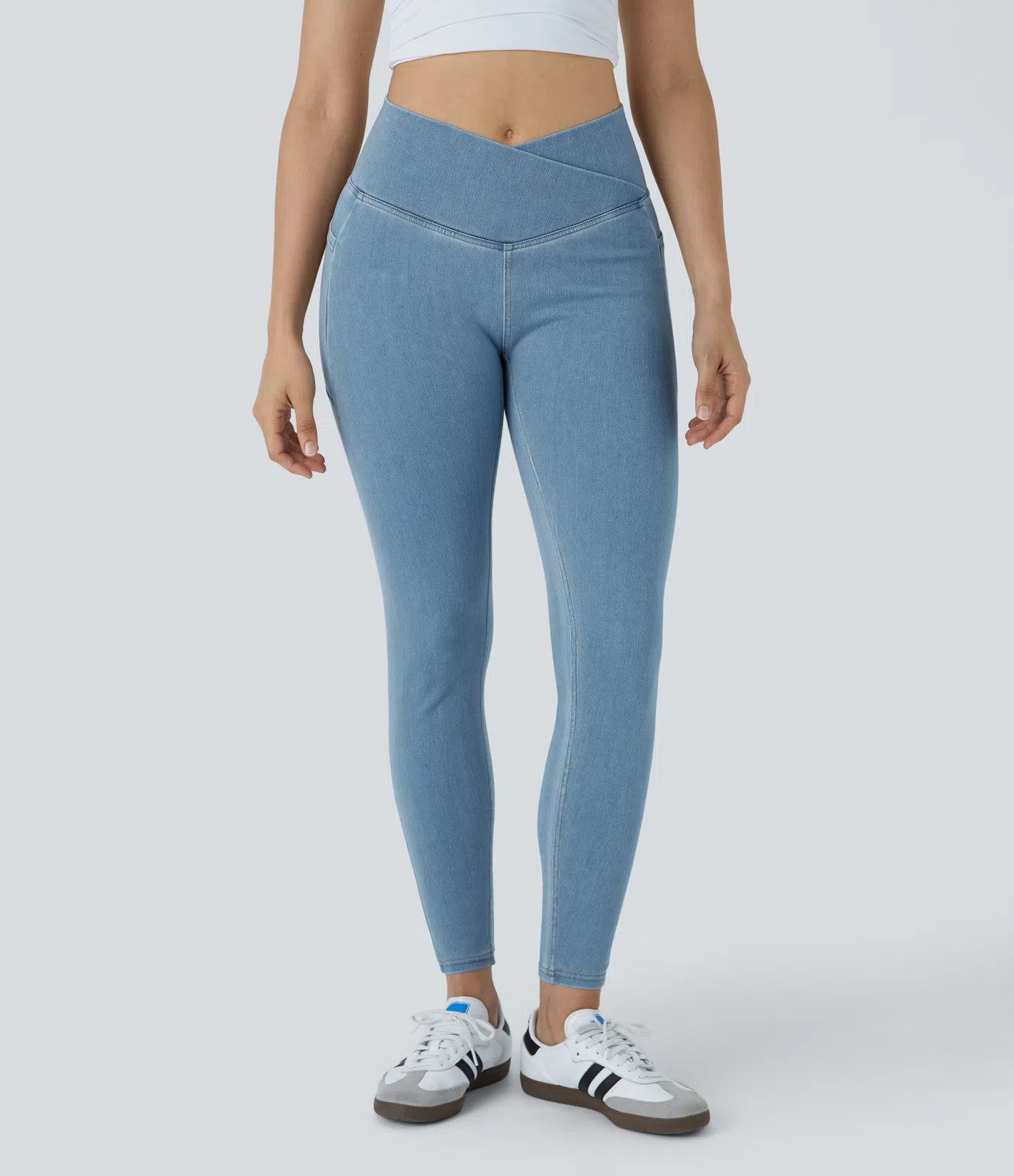 Washed Stretch Knitted Denim Work Leggings Cross Side Pocket