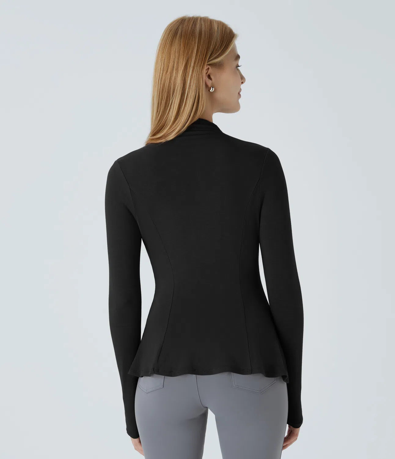 Funnel Neck Long Sleeve Slim Fit Peplum Work T-Shirt