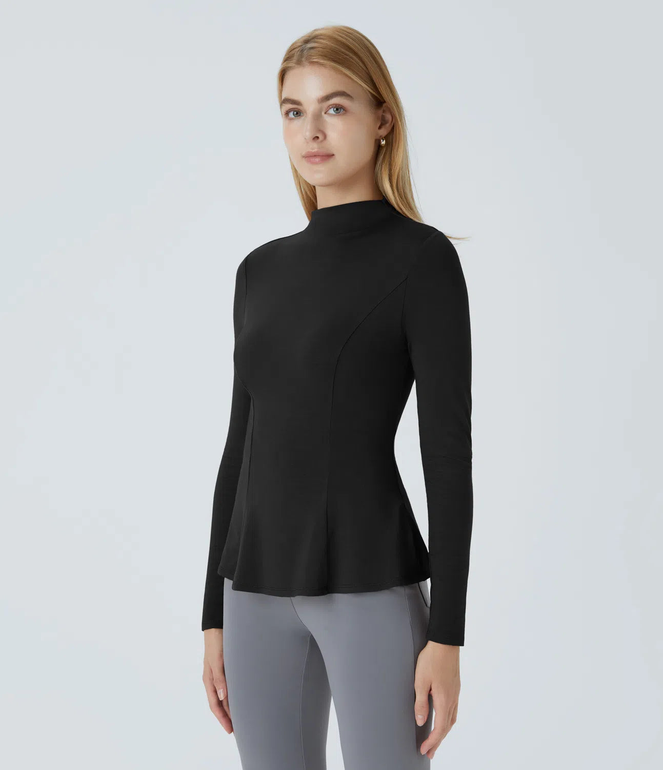 Funnel Neck Long Sleeve Slim Fit Peplum Work T-Shirt