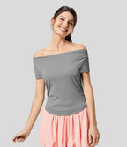 Casual Skinny Off Shoulder T-Shirt with Side Ruched and Curved Hem