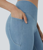 Washed Stretch Knitted Denim Work Leggings Cross Side Pocket