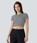 Fitted Boat Neck Crop T-Shirt with Stripes and Waffle Fabric