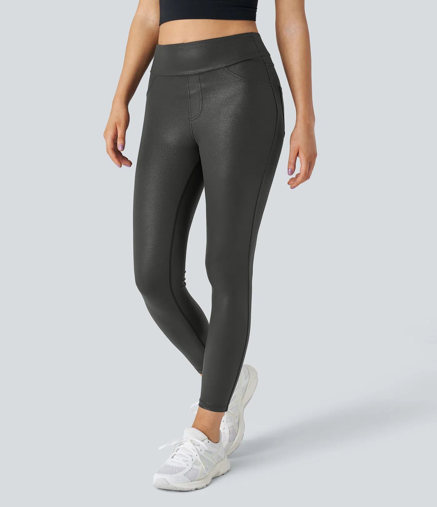 High Waist Faux Leather Work Leggings Side Back Pocket