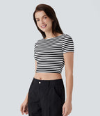 Fitted Boat Neck Crop T-Shirt with Stripes and Waffle Fabric