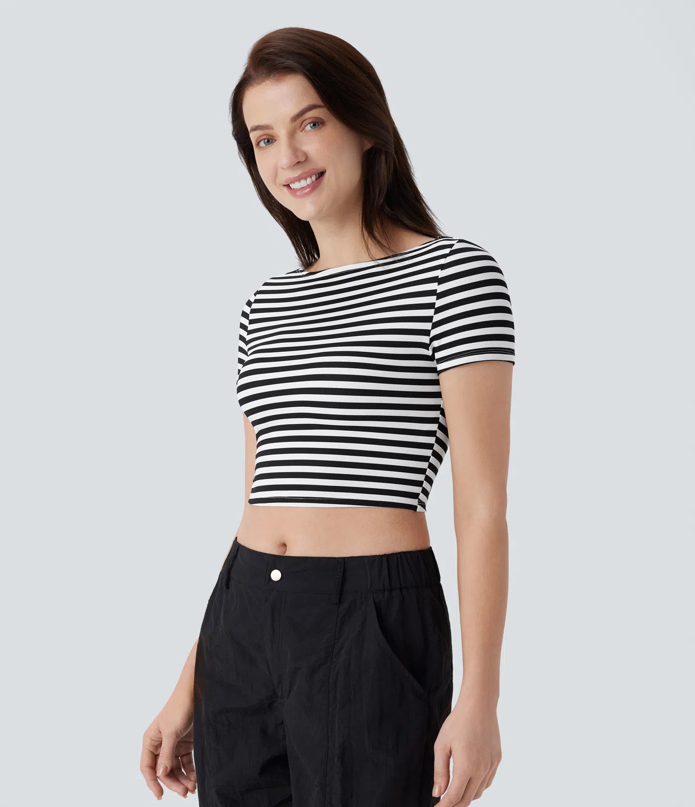 Fitted Boat Neck Crop T-Shirt with Stripes and Waffle Fabric