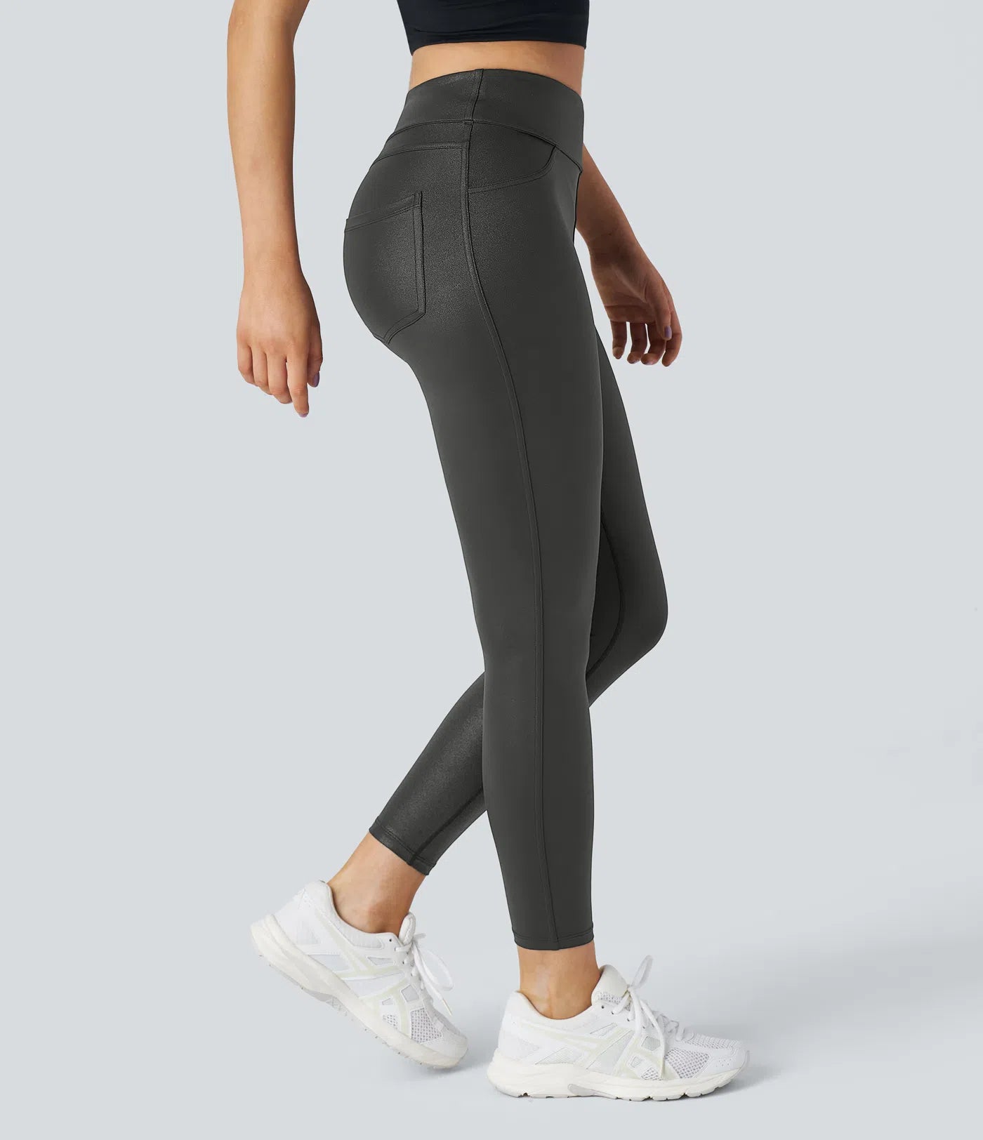 High Waist Faux Leather Work Leggings Side Back Pocket
