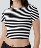 Fitted Boat Neck Crop T-Shirt with Stripes and Waffle Fabric