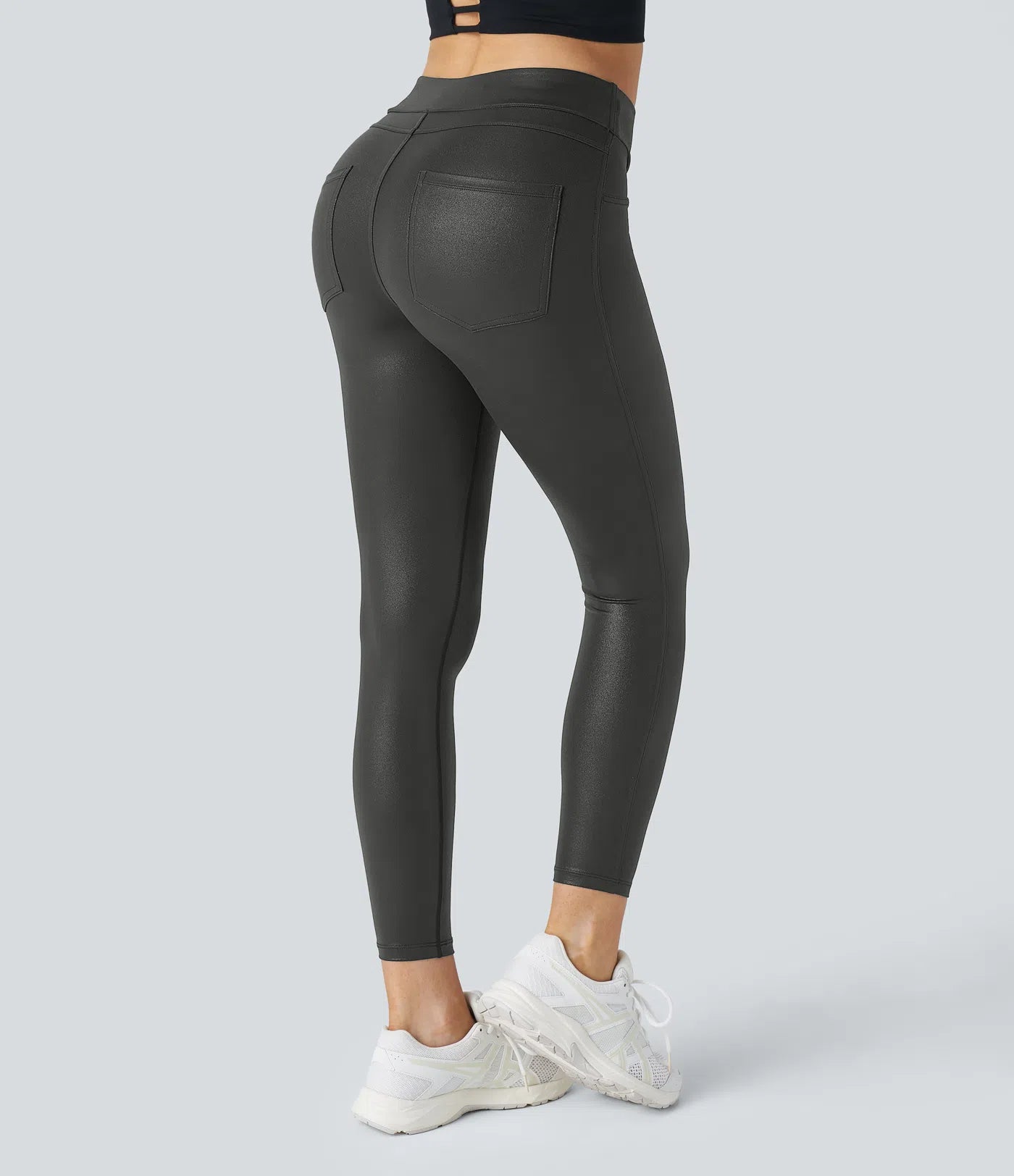 High Waist Faux Leather Work Leggings Side Back Pocket