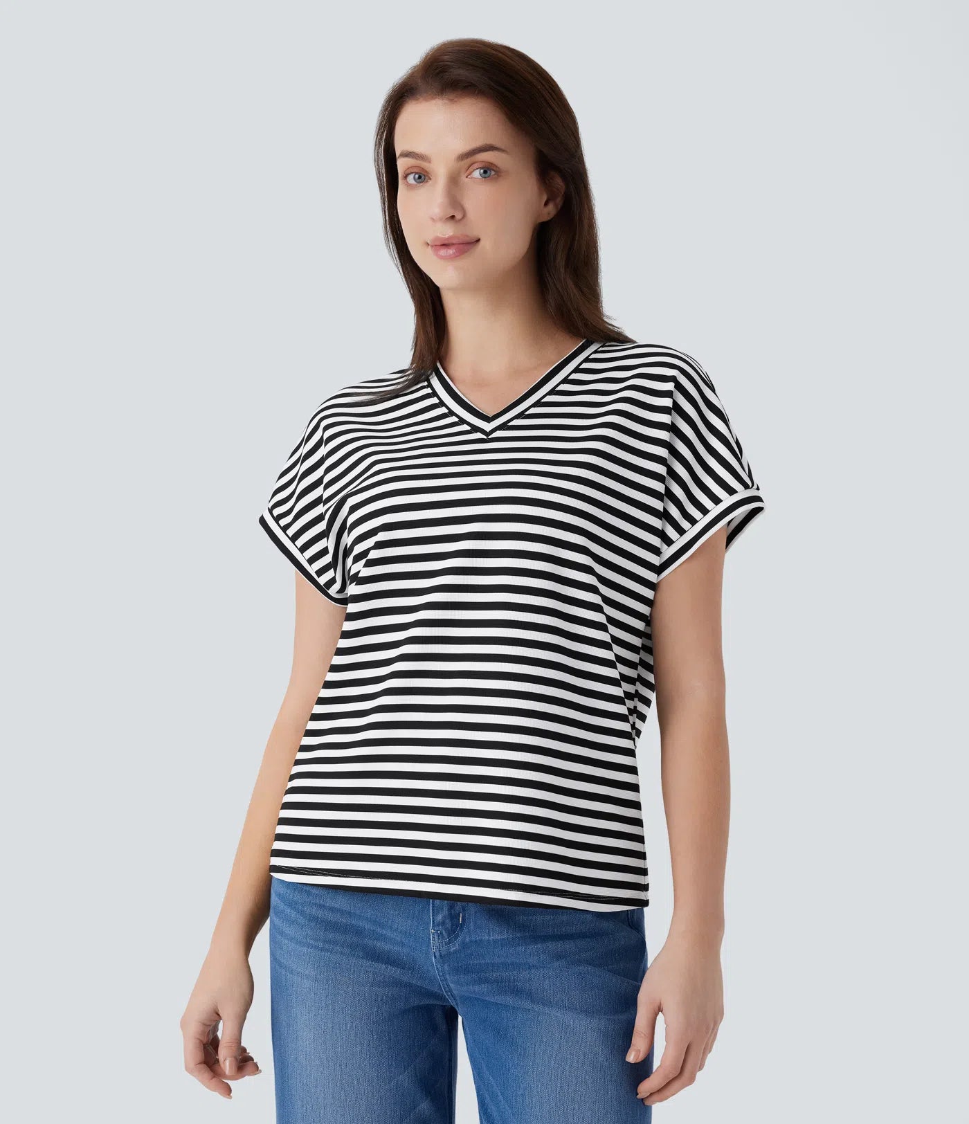 Relaxed fit striped V-neck work t-shirt