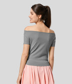 Casual Skinny Off Shoulder T-Shirt with Side Ruched and Curved Hem