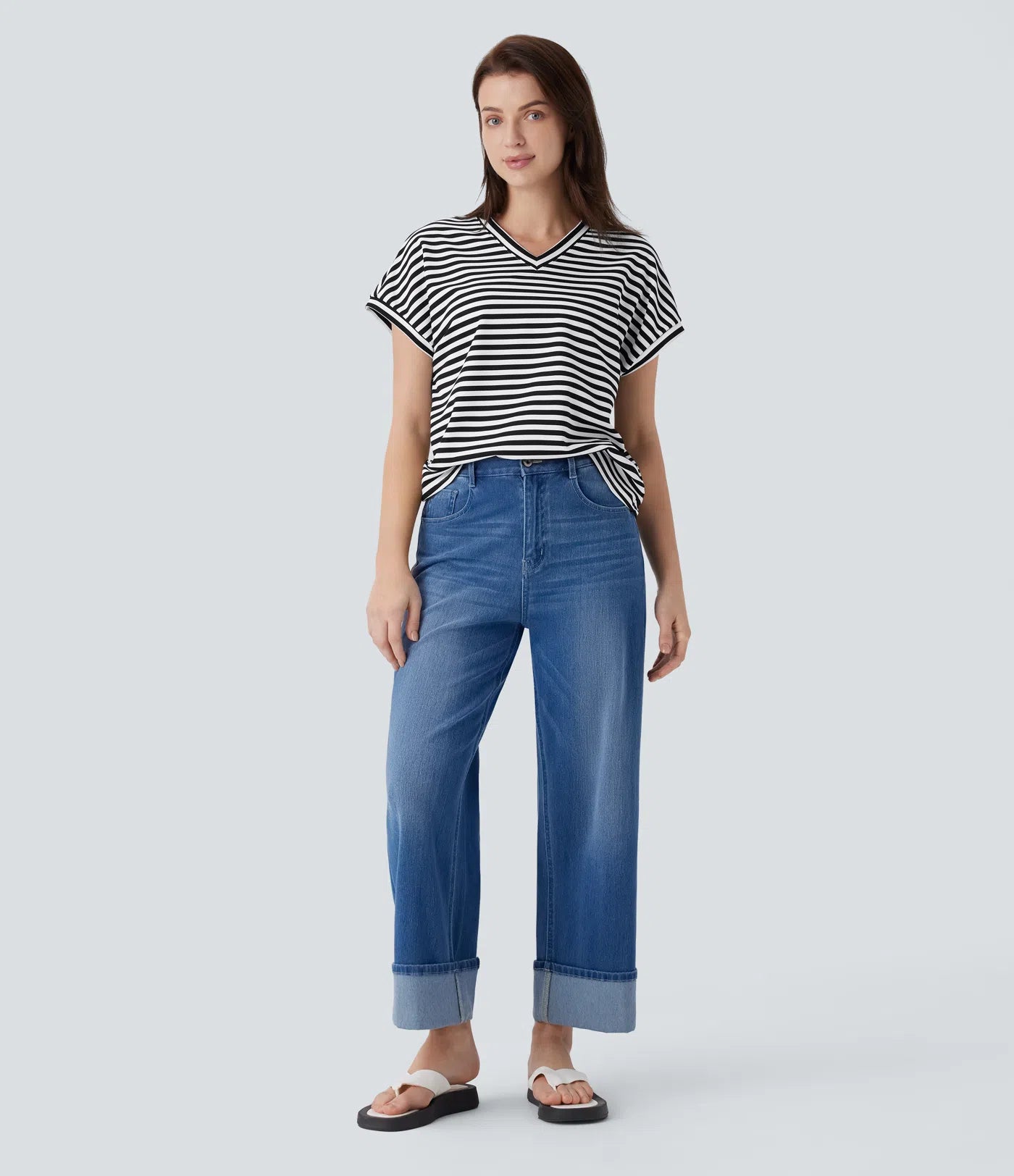 Relaxed fit striped V-neck work t-shirt