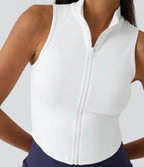 Sleeveless Cropped Tank Top with Stand Collar and Front Zipper
