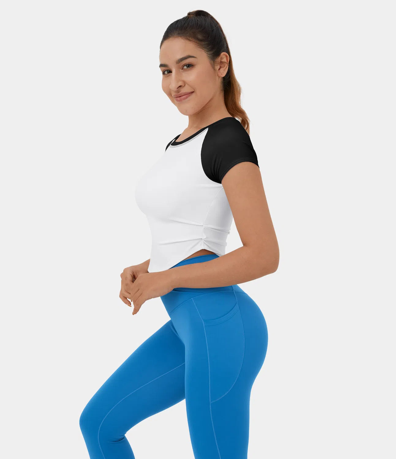 Softlyzero™ Airy Casual Cropped T-Shirt with Ruched Curved Hem and Color Block