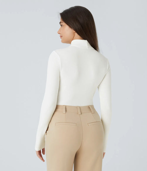 Ribbed knit work bodysuit with high neck, long sleeves and buttons