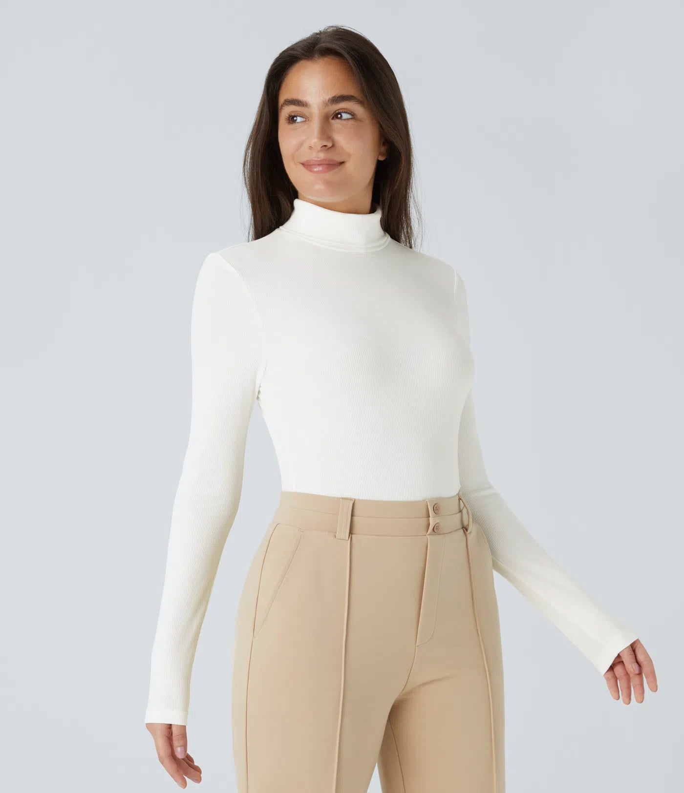 Ribbed knit work bodysuit with high neck, long sleeves and buttons