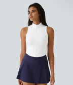 Sleeveless Cropped Tank Top with Stand Collar and Front Zipper