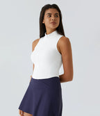 Sleeveless Cropped Tank Top with Stand Collar and Front Zipper