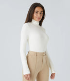Ribbed knit work bodysuit with high neck, long sleeves and buttons