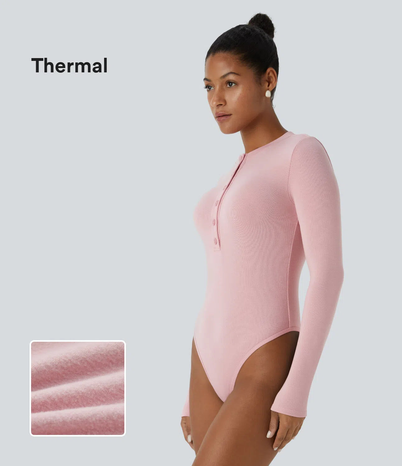 Fitted thermal work bodysuit with round neck, buttons and long sleeves