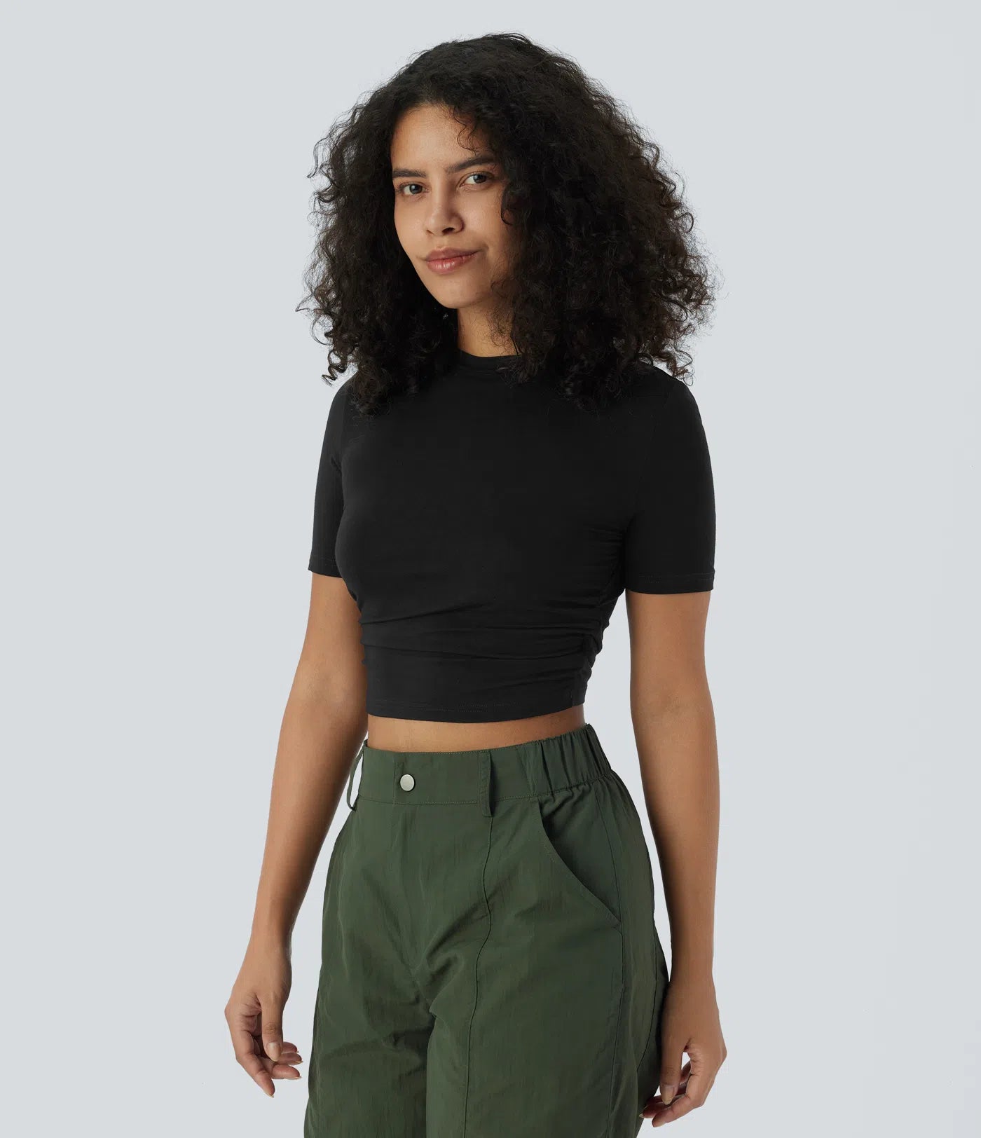 Casual Round Neck Short Sleeve Ruched Fitted Cropped T-shirt