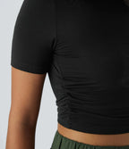 Casual Round Neck Short Sleeve Ruched Fitted Cropped T-shirt