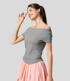 Casual Skinny Off Shoulder T-Shirt with Side Ruched and Curved Hem