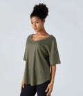 Casual Waffle Knit T-shirt with Curved Hem, Dropped Shoulders and V-Neckline