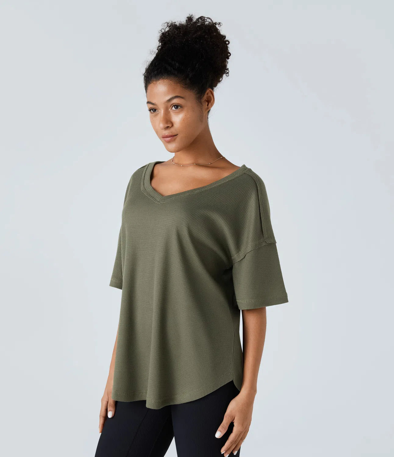 Casual Waffle Knit T-shirt with Curved Hem, Dropped Shoulders and V-Neckline