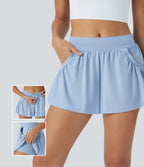 2-in-1 Mid-Rise Yoga Shorts with Inner Drawstring Pleated Side Pockets