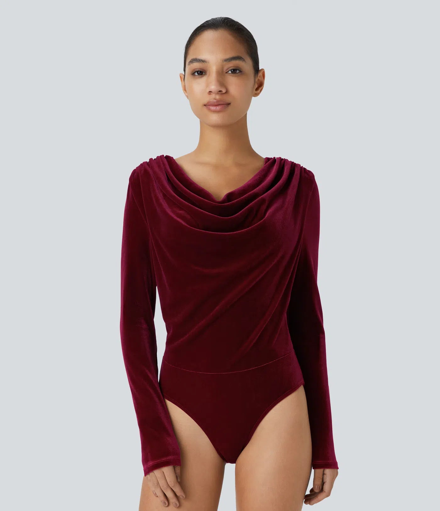 Velvet work bodysuit with cowl neck and long sleeves