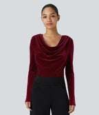 Velvet work bodysuit with cowl neck and long sleeves