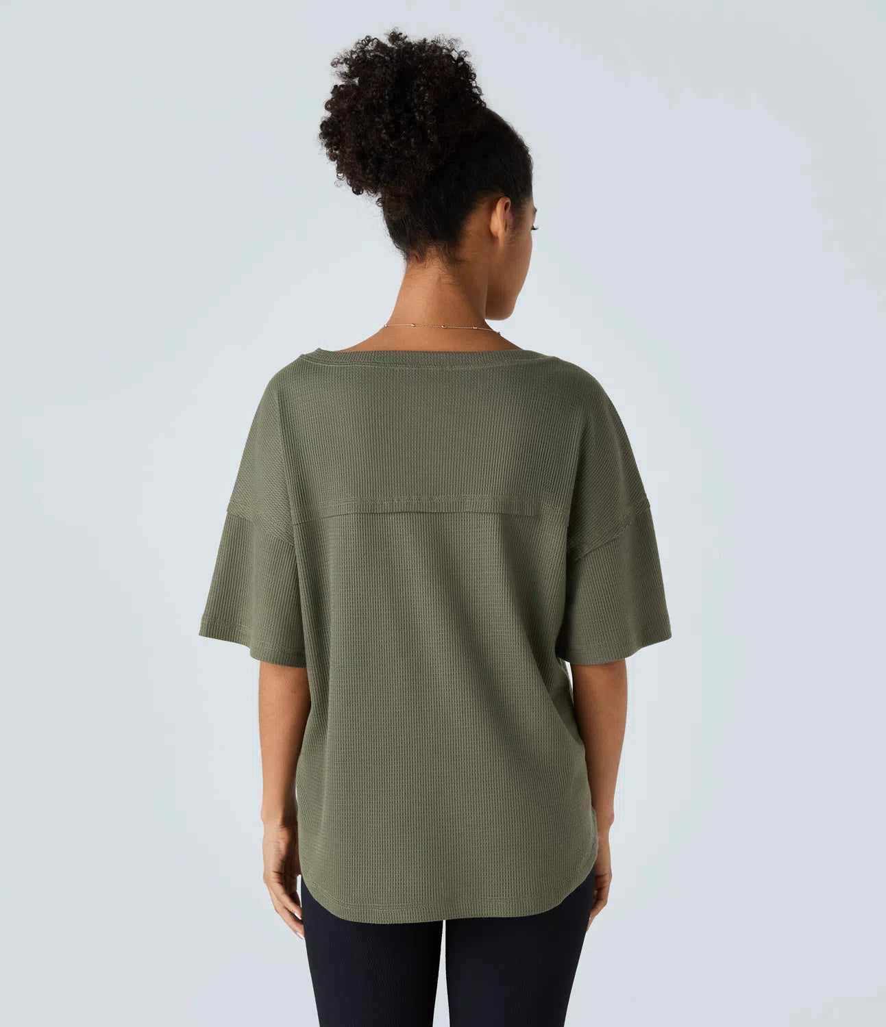 Casual Waffle Knit T-shirt with Curved Hem, Dropped Shoulders and V-Neckline
