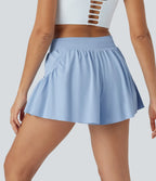 2-in-1 Mid-Rise Yoga Shorts with Inner Drawstring Pleated Side Pockets