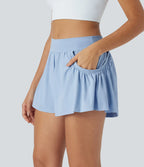 2-in-1 Mid-Rise Yoga Shorts with Inner Drawstring Pleated Side Pockets