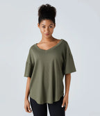 Casual Waffle Knit T-shirt with Curved Hem, Dropped Shoulders and V-Neckline