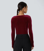 Velvet work bodysuit with cowl neck and long sleeves