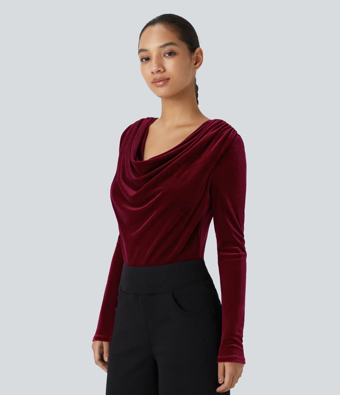 Velvet work bodysuit with cowl neck and long sleeves