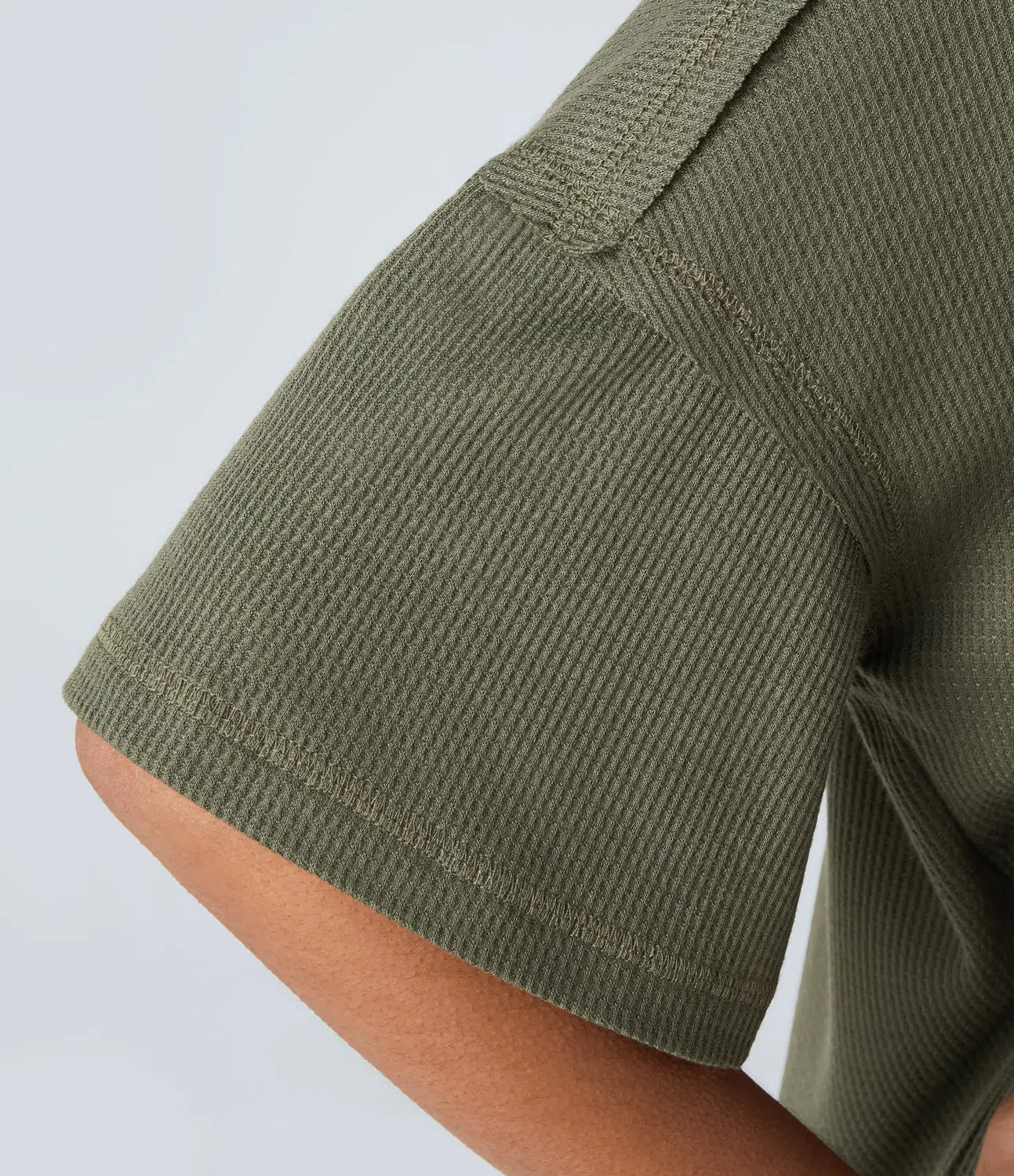 Casual Waffle Knit T-shirt with Curved Hem, Dropped Shoulders and V-Neckline