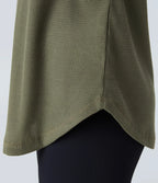 Casual Waffle Knit T-shirt with Curved Hem, Dropped Shoulders and V-Neckline