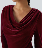 Velvet work bodysuit with cowl neck and long sleeves