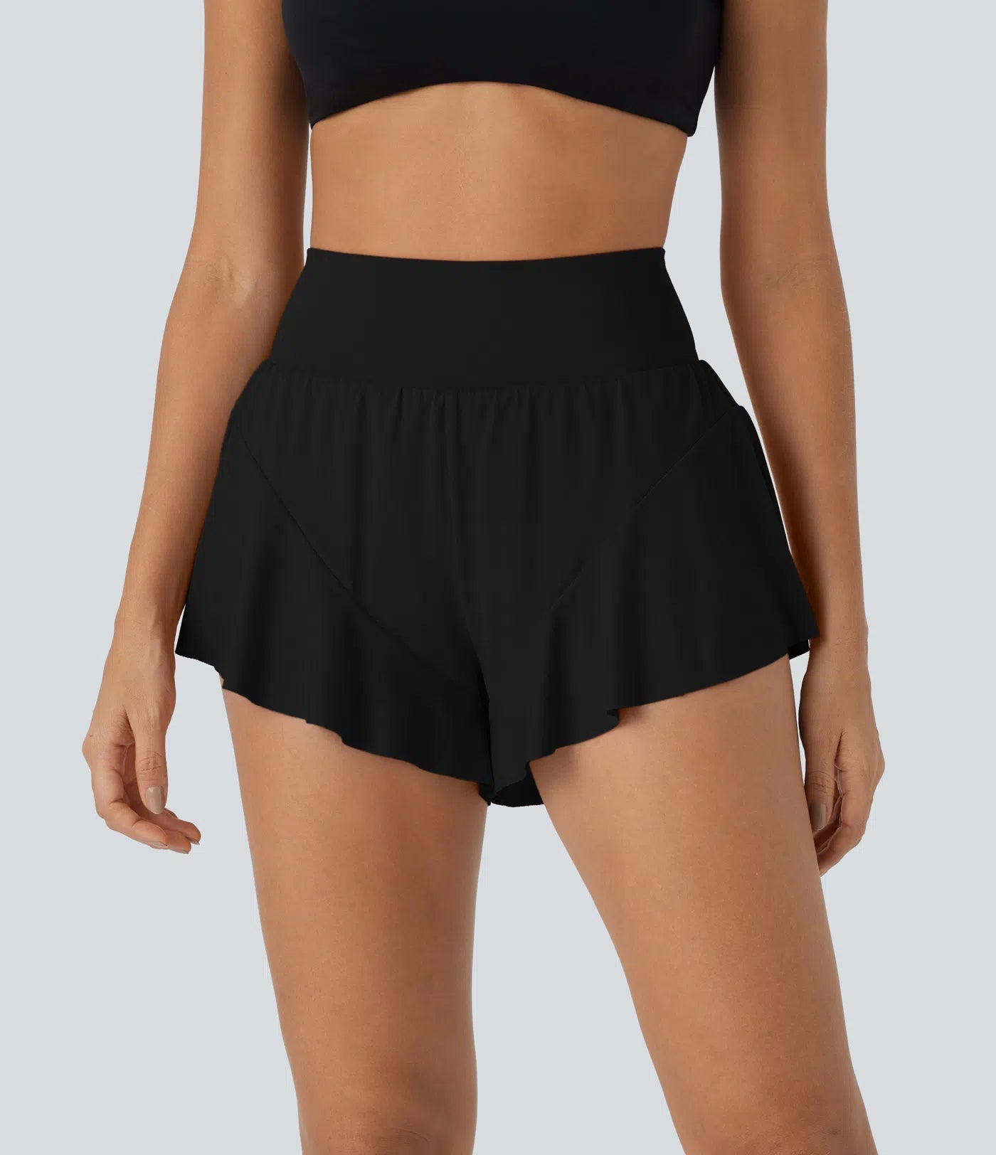 SoCinched 2-in-1 High Waisted Tummy Control Yoga Shorts with Back Pockets and Ruffle Hem