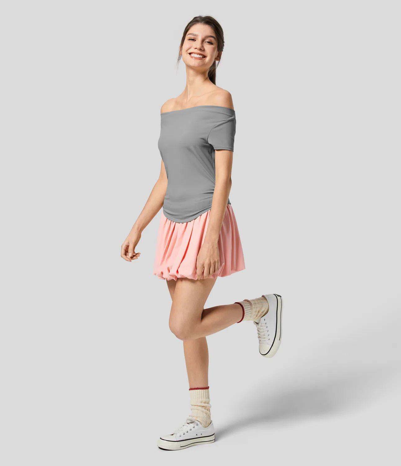 Casual Skinny Off Shoulder T-Shirt with Side Ruched and Curved Hem