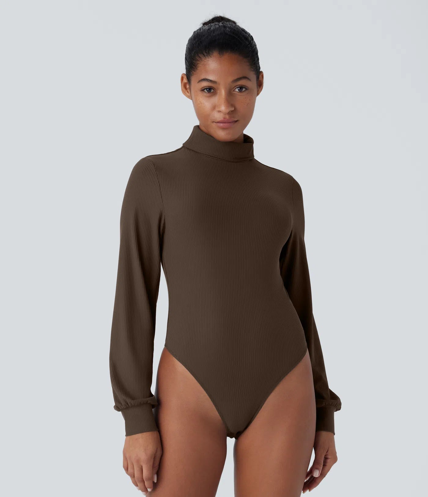 Casual bodysuit with high neck, long sleeves, in ribbed fabric