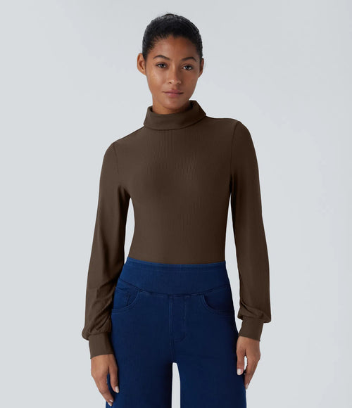 Casual bodysuit with high neck, long sleeves, in ribbed fabric